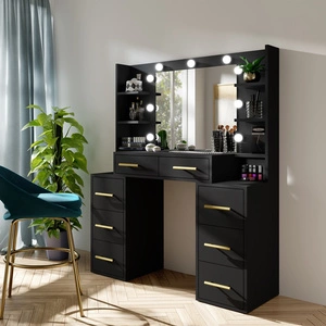 Schminktisch Adel 110 cm schwarz mit LED-Beleuchtung Schminktisch mit Spiegel im Glamour-Stil geräumige Schubladen Metallgriffe
