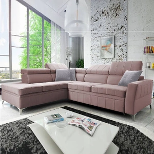 Ecksofa mit Schlaffunktion Rava III lavendelrosa Linkshänder-Ecksofa aus Samt mit verstellbaren Kopfstützen und Bettzeugcontainer