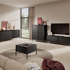 Sesti Möbel Set schwarz modernes und originelles Design Schrankwand interessante Kombination von Riffelung mit glatten Push-to-Open-Fronten