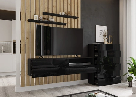 Schrankwand Almiros schwarz / schwarz glänzend modernes Design push to open Schubladensystem Schrankwand für Wohnzimmer mit Kommode