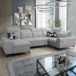 Buffalo IV Ecksofa mit Schlaffunktion graue Esche links Schlafsofa mit zwei Bettzeugcontainern Velourstoff