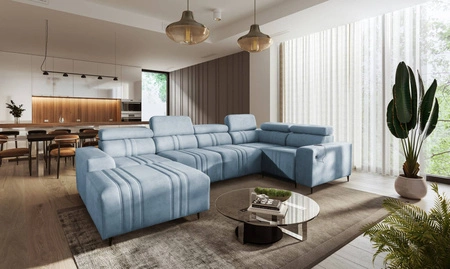 Ecksofa mit Schlaffunktion Castel IV blau linke Seite stilvolles Ecksofa mit Bettzeugcontainern und verstellbaren Kopfstützen