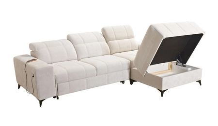 Ecksofa mit Schlaffunktion Penejos blau rechts elegantes Ecksofa mit Bettzeugablage bequem verstellbare Kopfstützen