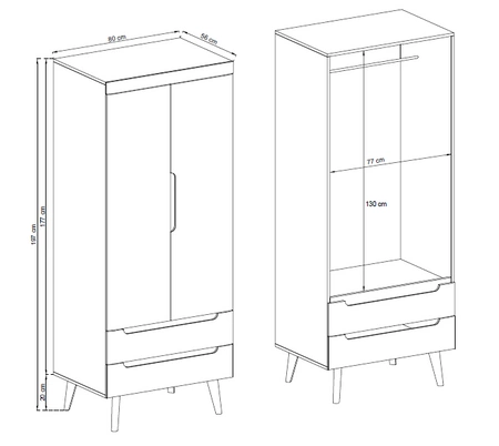 Kleiderschrank Atka 80 cm weiß / weiß glänzend / Eiche riviera modernes Design im skandinavischen Stil mit Schubladen-Vollauszugssystem