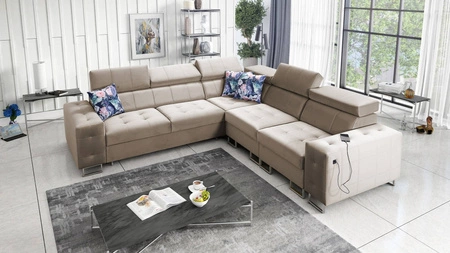 Ecksofa mit Schlaffunktion Hampton III beige rechtsseitiges bequemes Ecksofa aus glattem und weichem Samtstoff