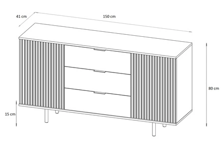 Schubladenkommode Sula 150 cm schwarz elegante und funktionelle Kommode mit dekorativen geriffelten Fronten und Metallgriffen