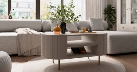 Couchtisch Ovalio beige Designer ovale Konstruktion dekorative Frästisch auf stabilen Metallbeinen gesetzt