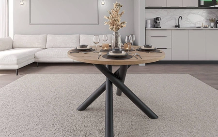 Runder Tisch Lyon 110 cm Eiche artisan / schwarzer Designer-Esstisch auf Metallspinnenbeinen höhenverstellbar