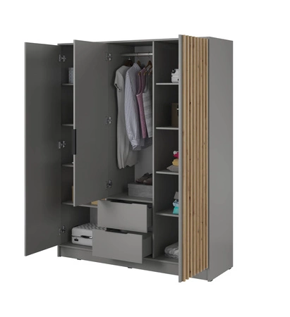 Kleiderschrank Aspen 155 cm Grau / Eiche Artisan Lamellen modernes Design Schranktüren mit dekorativen Lamellen