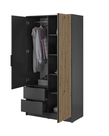 Schrank mit Spiegel Aspen 105 cm Grafit / Eiche Artisan Lamellen modernes Design Schranktüren mit dekorativen Lamellen