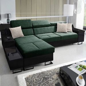 Ecksofa mit Schlaffunktion Alcamo grün/schwarz links elegantes und stilvolles Ecksofa mit einer ausziehbaren praktischen Schublade an der Seite des Möbels