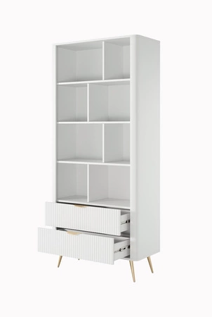 Bücherregal Lante 88 cm weiß elegantes Bücherregal mit Schubladen Designer Riffelung auf Fronten Metallkantengriffe