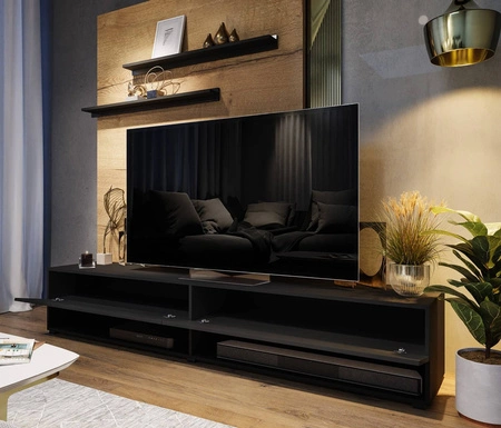 RTV-Schrank Nea 180 cm schwarz / schwarz glänzend mit Aufhängung und Einlegeböden stilvolles Design, das zu jeder Einrichtung passt