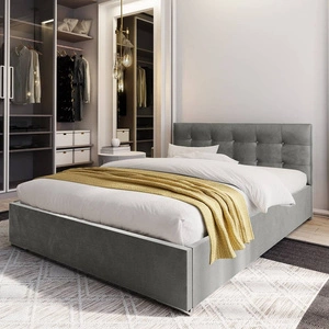 Mona Polsterbett 180x200 grau mit Staukasten im modernen skandinavischen Stil mit gestepptem Kopfteil mit Kristallen