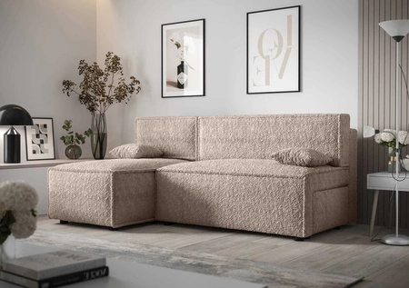 Ecksofa mit Schlaffunktion Brandon beige linke Seite weicher Stoff mit charakteristischer Schlingenoberfläche Bettzeugbehälter