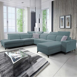 Ecksofa mit Schlaffunktion Kelly Sleek X arctic blue rechtes extrem elegantes Ecksofa für Wohnzimmer mit verstellbaren Kopfstützen