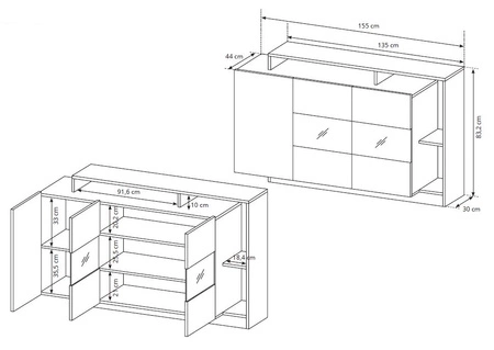 Kommode Elma 155 cm Eiche handwerklich gold / anthrazit modernes Möbeldesign Kommodenrand mit speziellem ABS-Furnier veredelt