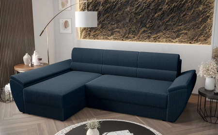 Ecksofa mit Schlaffunktion Fogu III blau linke Seite stilvolles Ecksofa mit Armlehnen Container für Bettzeug Kordstoff