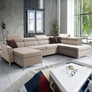 Ecksofa mit Schlaffunktion Rava VI hellbeige links praktisches und modernes Ecksofa mit einer Multifunktionslampe ausgestattet