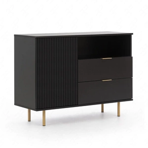 Kommode Sula 107 cm schwarz elegante und funktionelle Kommode mit dekorativer geriffelter Front, die mit Metallgriffen verziert ist