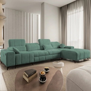 Ecksofa mit Schlaffunktion Penejos XII grün rechtsseitig stilvolles Ecksofa mit Bettzeugcontainern komfortable verstellbare Kopfstützen