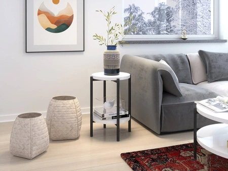 Runder Couchtisch 44 cm Sampi weiß glänzend mit zusätzlichem Regal leichtes Design Metallbasis reizvolle Dekoration jedes Interieur