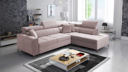 Ecksofa mit Schlaffunktion Nausa III puderrosa rechts Samt stilvolles bequemes Ecksofa verstellbare Kopfstützen Bettzeugcontainer