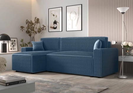 Ecksofa mit Schlaffunktion Brandon Bis blau links dreidimensionaler Stoff mit ausdrucksstarken Streifen Bettzeug Container