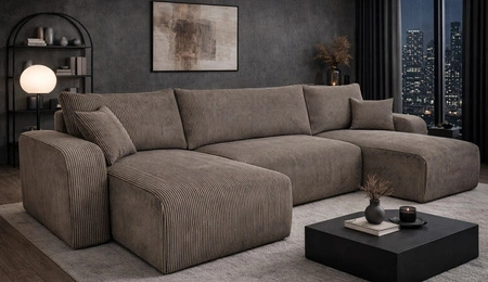 Ecksofa mit Schlaffunktion Fiesta U XL hellbraun elegantes Ecksofa für Wohnzimmer mit Bettzeugablage Cordstoff