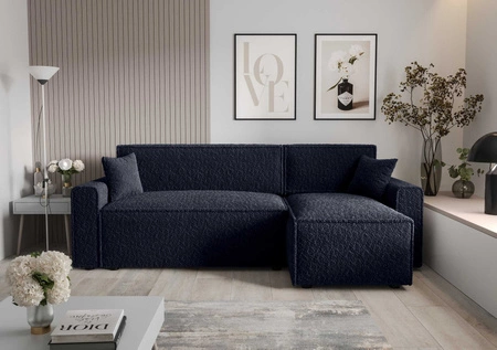 Ecksofa mit Schlaffunktion Brandon Bis marineblau rechte Seite weicher Stoff mit charakteristischer Schleifenoberfläche Bettzeugbehälter