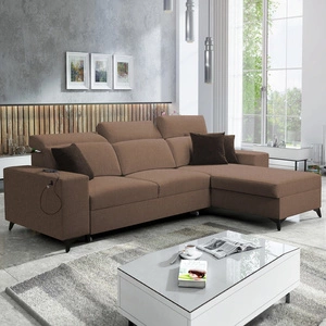 Ecksofa mit Schlaffunktion Kelly Sleek hellbraun rechtsseitig kariert bequemes und funktionelles Ecksofa für Wohnzimmer