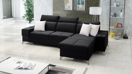Ecksofa mit Schlaffunktion Elgin schwarzes rechtes Ecksofa mit verstellbaren Kopfstützen praktische Schubladen in den Seiten des Möbels