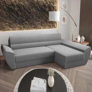 Ecksofa mit Schlaffunktion Fogu III graue Esche rechtes Ecksofa mit Armlehnen und Bettzeugablage Kordstoff