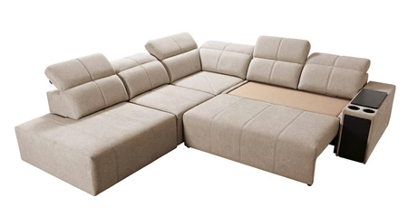 Ecksofa mit Schlaffunktion Tesalia IX grün links modernes Design komfortable Schiebelehne Schublade in der Seite des Möbels
