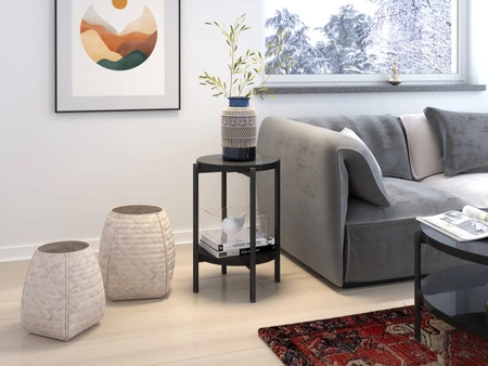 Runder Couchtisch 44 cm Sampi glänzend schwarz mit zusätzlichem Regal helles Design Metallbasis reizvolle Dekoration jedes Interieur