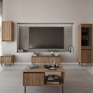 Osaka Wandschrank Eiche evoke / schwarz minimalistisches Design akzentuiert durch trendige Farben hohe Metallbeine schwarz geschmackvoll geriffelte Front