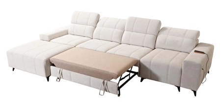 Ecksofa mit Schlaffunktion Penejos XII blau linke Seite stilvolles Ecksofa mit Bettzeugcontainern komfortable verstellbare Kopfstützen