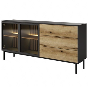 Kommode Clovis 180 cm schwarz / Eiche evozieren unkonventionelle Kommode Design mit verglasten Fronten mit Push-to-Open-System