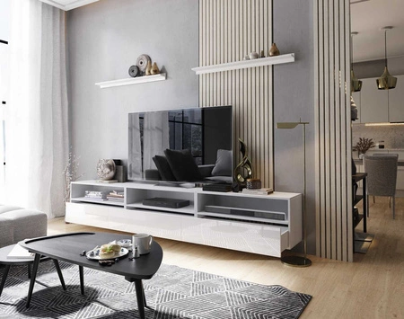 Kaires 258 cm weiß / weiß glänzend Wandschrank RTV mit Einlegeböden elegantes und stilvolles Design, das zu jeder Einrichtung passt