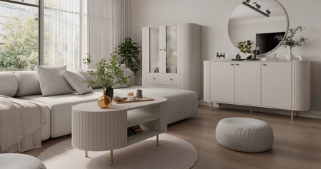 Kommode Ovalio 165 cm beige minimalistische Form macht eine Kommode für das Wohnzimmer stilvolle ovale Form dekorative Fräsen auf den Körper