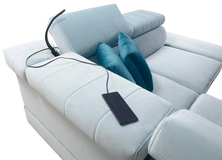 Ecksofa mit Schlaffunktion Rechtsseitiges Ecksofa Rava III aus marineblauem Samt mit verstellbaren Kopfstützen und Bettzeugbehälter