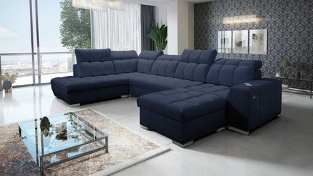 Ecksofa mit Schlaffunktion Luigi VI navyblau rechte Seite stilvolles Ecksofa mit Bettzeugcontainern in weichem Stoff bezogen
