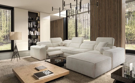 Ecksofa mit Schlaffunktion Viano IV Lux cremefarben rechts Design-Ecksofa mit ausziehbarem Fußteil großes Bettzeugfach