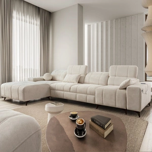 Ecksofa mit Schlaffunktion Penejos XII cremefarben linksseitig stilvolles Ecksofa mit Bettzeugcontainern komfortable verstellbare Kopfstützen