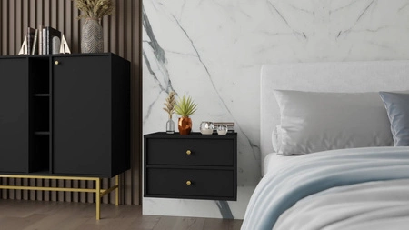 Hängende Nachttisch Kioto IV schwarz Graphit mit Schubladen ideal Schlafzimmer Schrank mit subtilen Finish Metall Gold Griffe