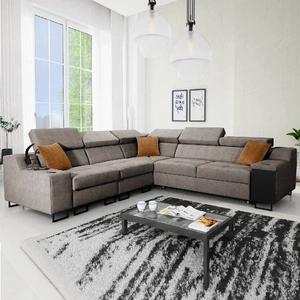 Ecksofa mit Schlaffunktion Alcamo III grau braun links funktionelles Ecksofa mit Schublade in der Seite zwei Behälter für Bettzeug