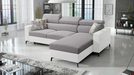 Ecksofa mit Schlaffunktion Savona hellgrau/weiß rechts elegantes Ecksofa mit verstellbaren Kopfstützen Ziernähte 