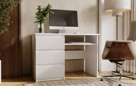 Schreibtisch mit Schubladen Flexi 110 cm weiß Universalschreibtisch mit beidseitiger Einbaumöglichkeit von Schubladen dekorative Rillenfronten