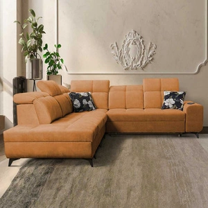 Ecksofa mit Schlaffunktion Buffalo IX honey links stilvolles Ecksofa für Zimmer aus Velourstoff Zierkissen