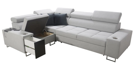 Ecksofa mit Schlaffunktion Dafni II schwarz-weißes, links geflochtenes Ecksofa mit Bettzeugstauraum und Schublade mit Vollauszug